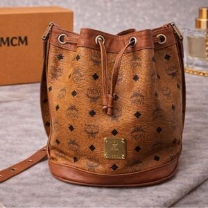 MCM Visetos Cognac Brown Drawstring Leather Bucket Shoulder Bag (Germany)